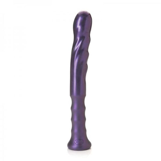Dark purple dildo with ribbed and curved body and ergonomic handle at the base ribbed to hug your fingers.