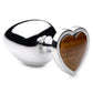 Aluminum anal plug with bulbous teardrop shape. Base is heart shaped with tiger eye gem in center. 
