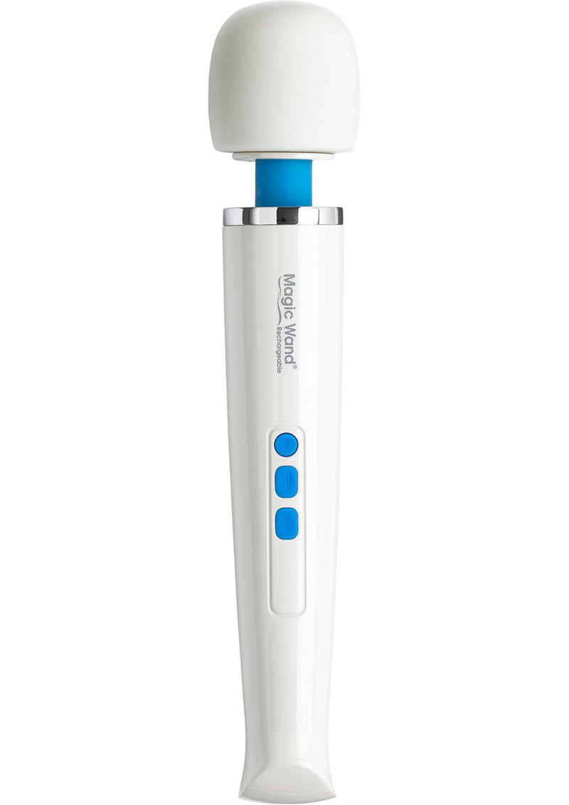 white wand with large domed head with 3 blue buttons. Undoubtedly one of the best sex toys and most powerful vibrators available.