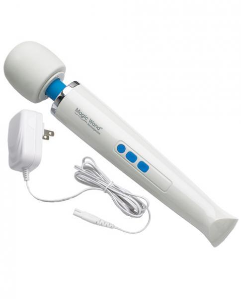 white wand with large domed head with 3 blue buttons and white charging cord. Undoubtedly one of the best sex toys and most powerful vibrators available.