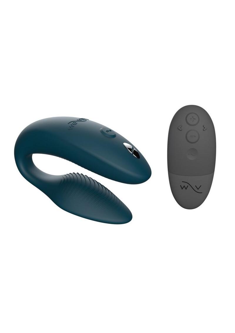 Green u-shaped toy with controls on one side, textured on the inner part of one side for internal stimulation and bulkier opposite side for external stimulation to the clit. Small black remote with 4 buttons. One of the best sex toys for couples and also amazing for self-love.