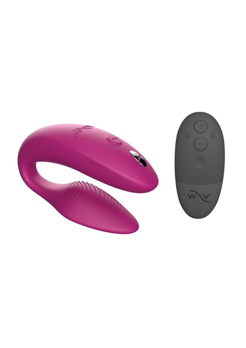 Pink u-shaped toy with controls on one side, textured on the inner part of one side for internal stimulation and bulkier opposite side for external stimulation to the clit. Small black remote with 4 buttons. One of the best sex toys for couples and also amazing for self-love.