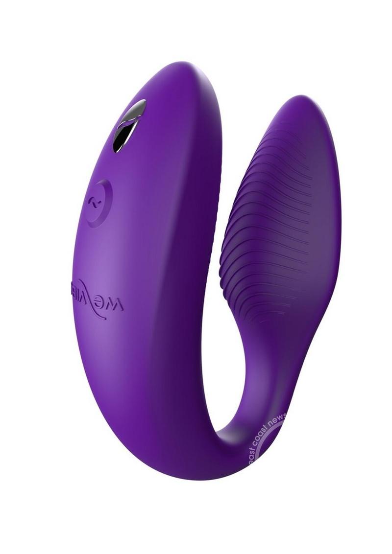 Purple u-shaped toy with controls on one side, textured on the inner part of one side for internal stimulation and bulkier opposite side for external stimulation to the clit. One of the best sex toys for couples and also amazing for self-love.