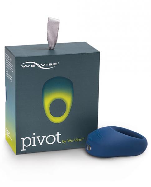 dark blue cock ring with one thick side for the vibrating motor, sitting next to box.